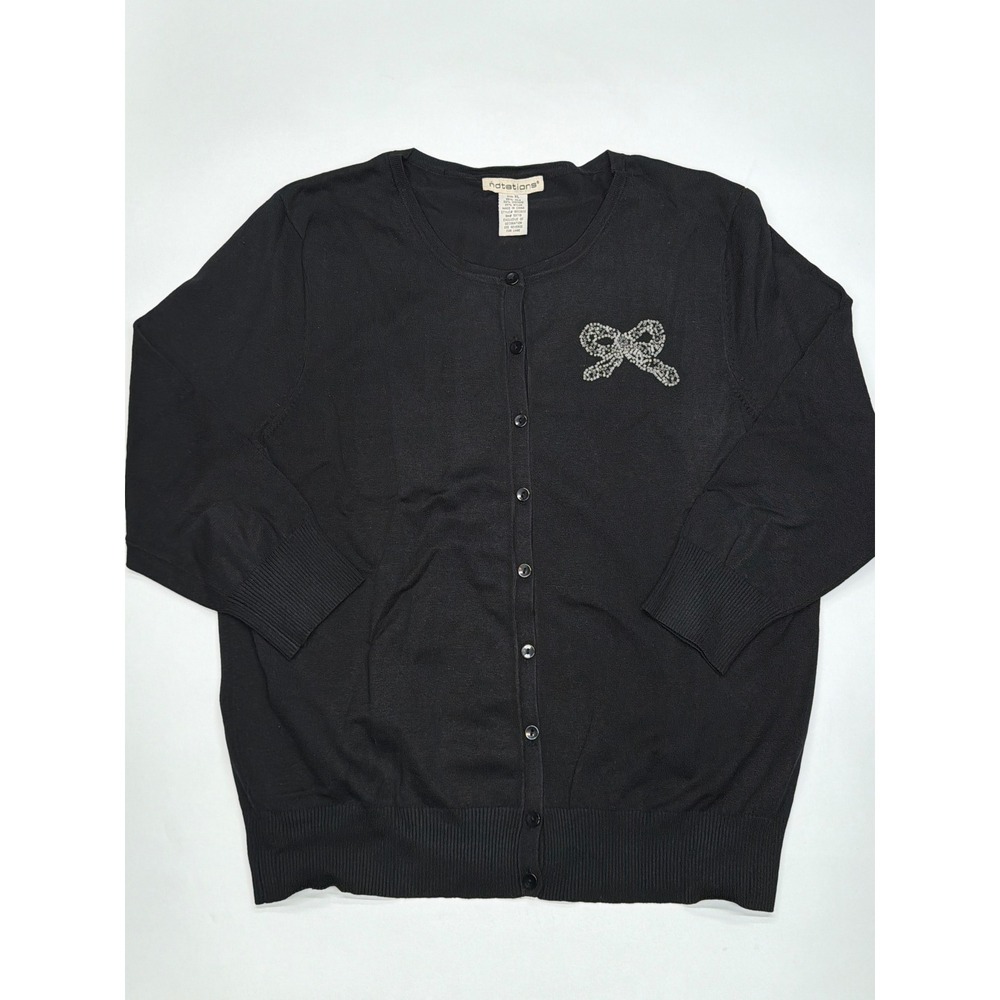 Notations Black Embellished Bow Cardigan Sweater XL 3/4 Sleeve Button Front Silk